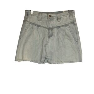 Free People Distressed Denim Skirt Mini Frayed Hem High Waist Light Wash Size 25